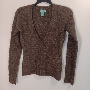 Kenzie Girl deep v-neck long-sleeve sweater, brown & tan variegated knit size XS